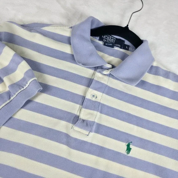 VTG Polo Ralph Lauren Polo Shirt Mens L Blue Cream Striped USA Made Pique Cotton