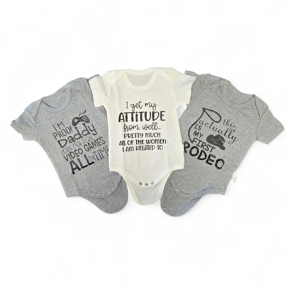 Gray and White Funny Graphic Baby Onesies 3 Piece Set, Size 6 Months