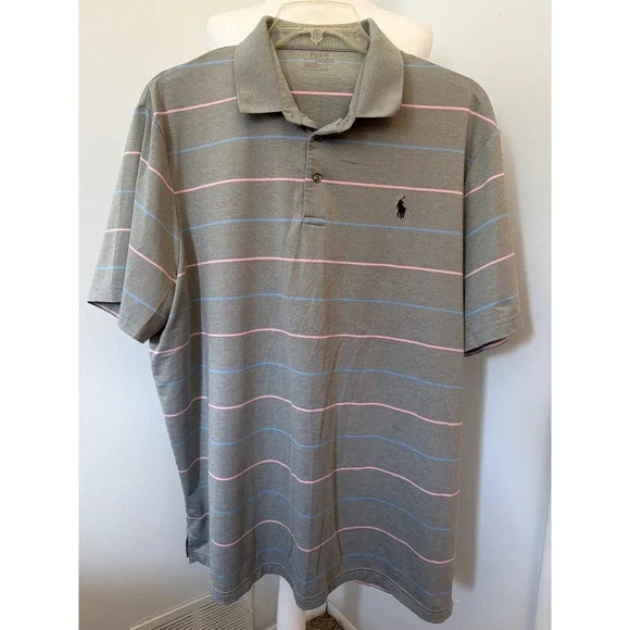 Polo Ralph Lauren Performance Gray Pink Blue Striped Golf Polo Shirt Mens XXL