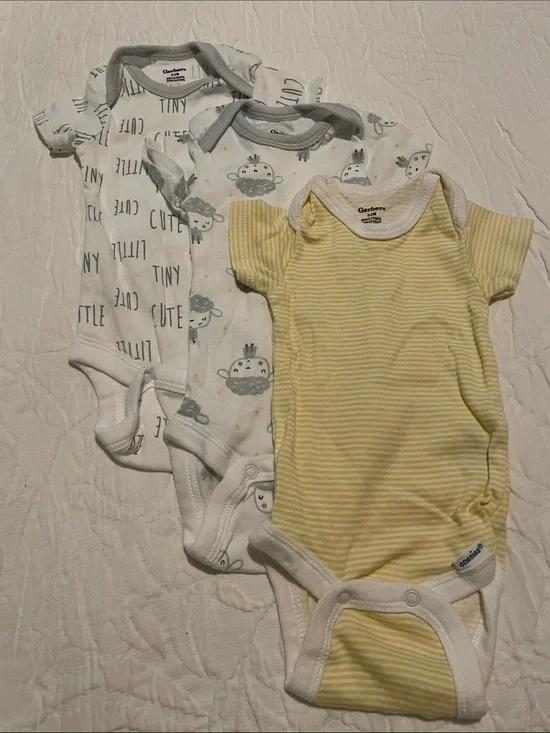 Gerber Yellow Stripe, White & Gray Printed Baby One-Piece Bodysuits (3-Pack)
