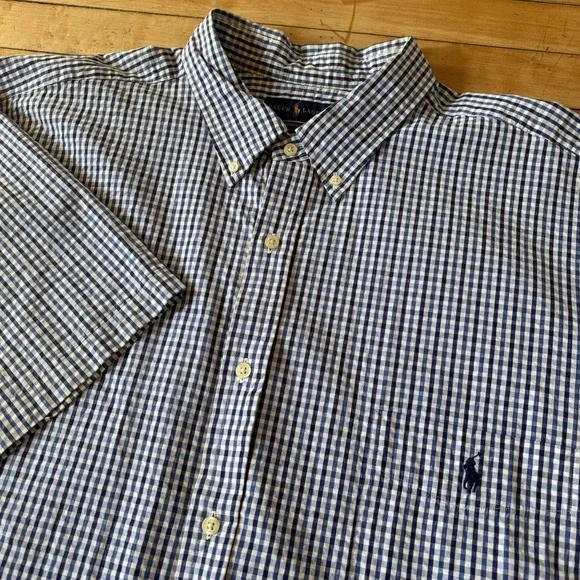 Polo Ralph Lauren Seersucker Button Shirt Blue Short Sleeve Mens 3XLT Tall Pony