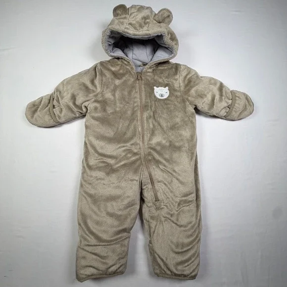 Carter's Pram Suit Bear Ear Hooded Fleece Snowsuit Sherpa Cozy Bunting Baby 3/6M