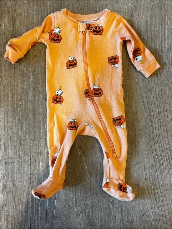 Janie and Jack Halloween Orange Pumpkin & Snoopy Print Footed One-Piece
