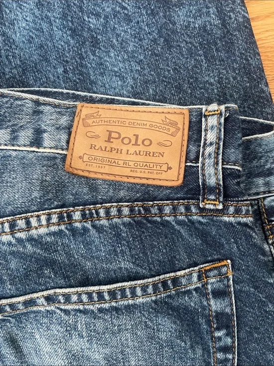 Polo by Ralph Lauren Men's Dark Blue Denim Jeans with Leather Patch