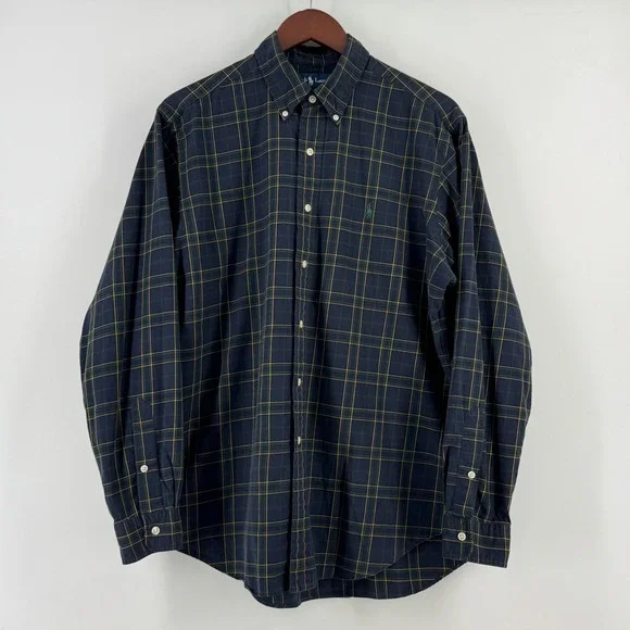Ralph‎ Lauren Mens Classic Fit Plaid Button Down Shirt Navy Green Yellow Large