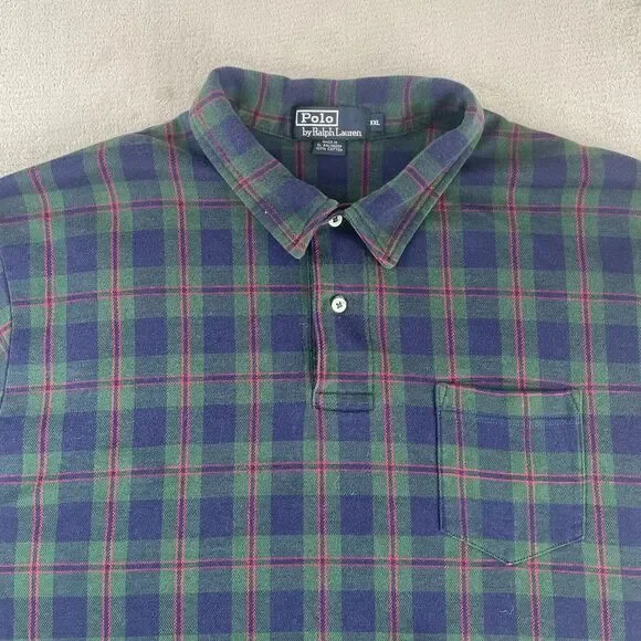 Vintage Ralph Lauren Polo Shirt Men 2XL Blue Green Blackwatch Tartan Plaid Prepp
