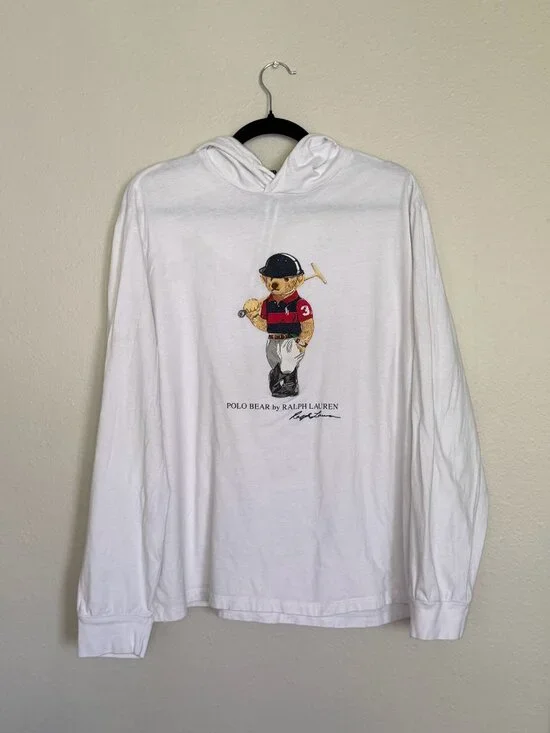 Polo Ralph Lauren Men L Polo Bear Lightweight Cotton Jersey Hooded T-Shirt White