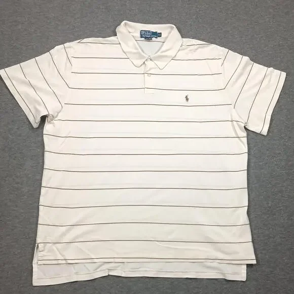 Polo Ralph Lauren Polo Shirt Mens XL White Tan Striped Pima Cotton Short Sleeve