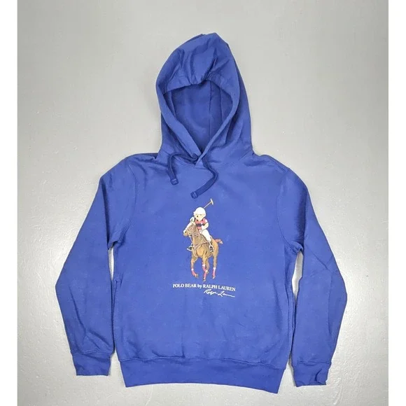 Polo Ralph Lauren Hoodie Mens Small Royal Blue Polo Bear Pullover Graphic Pocket