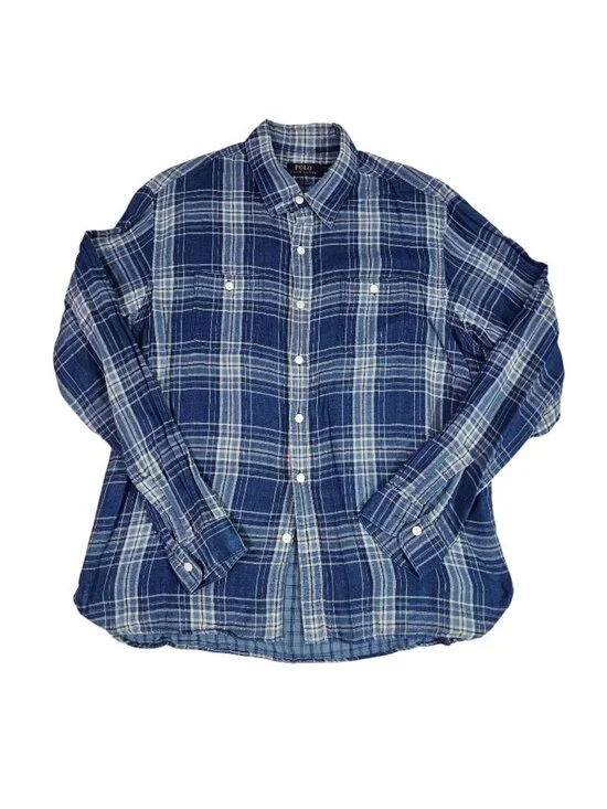 Polo Ralph Lauren Mens Blue Plaid Button-Up Shirt XL 100% Cotton Long Sleeve