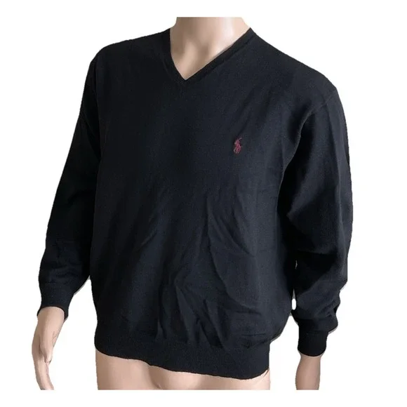 Vintage Polo Ralph Lauren Lambswool‎ V-Neck Sweater Mens XL Navy Blue Pony Knit