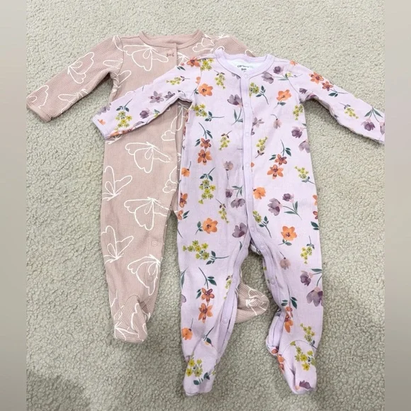 Carter's Set of 2 Snap Up Sleep and Play Footsies Girly Floral Butterflies Sz 9M