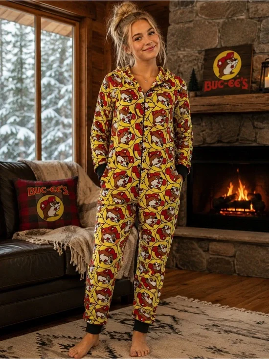 M - BUC-EE’S - Yellow Kids' One-Piece Hooded Pajamas Beavers Buc-ee’s