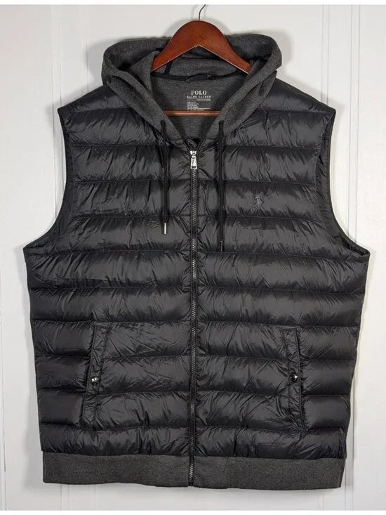 Polo Ralph Lauren Black Performance Down Zip Puffer Vest Quilted Hooded Mens XL