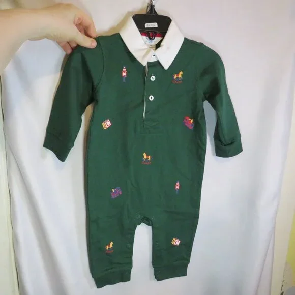 Baby Hunter Green & White bodysuit with formal collar 100% cotton Chaps