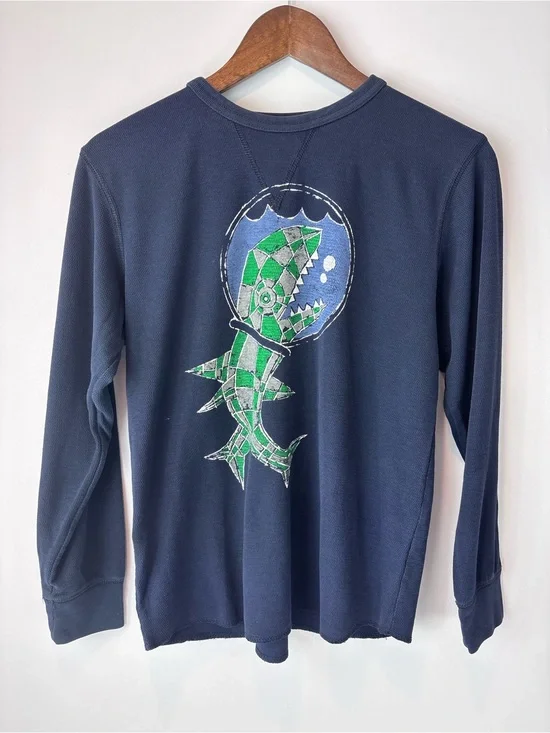 GapKids Long Sleeve Graphic Shirt  Navy Blue  Green Fish