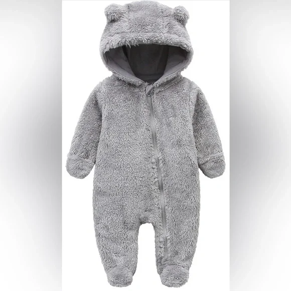 Baby snowsuit fleece lined onsie warm hooded romper