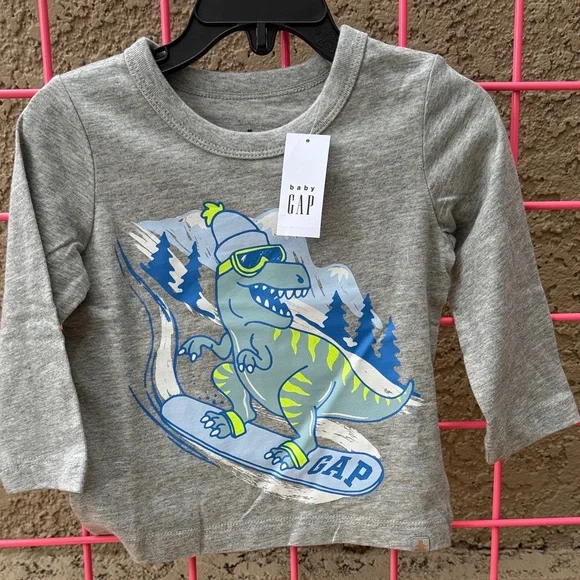 New GAP Gray Long Sleeve with Dinosaur Graphic Cotton Shirt