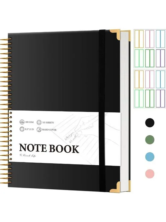 Large Black Spiral Notebook, College Ruled, 200 Pages, Hardcover Journal for