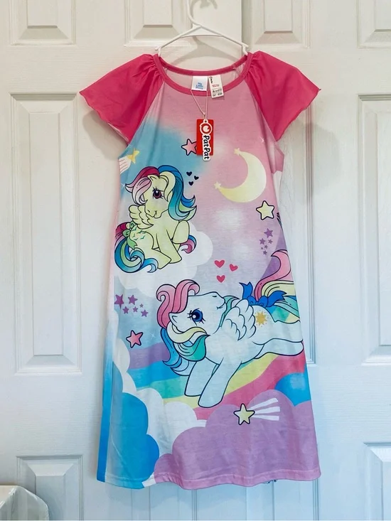 Little Pony Girl 1pc Character Rainbow Pattern Ruffled Sleeves Pajama Dress