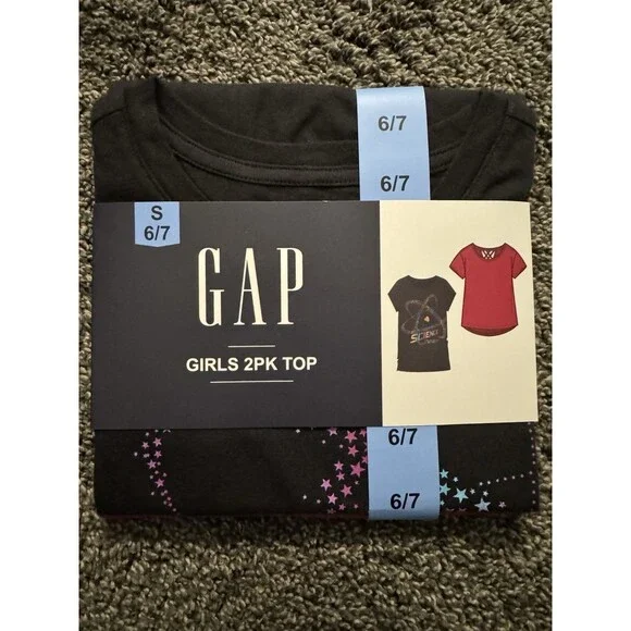 GAP Girls 2-Pack Tops Size 6/7 Black & Red Graphic Science Cotton Tee Set NWT