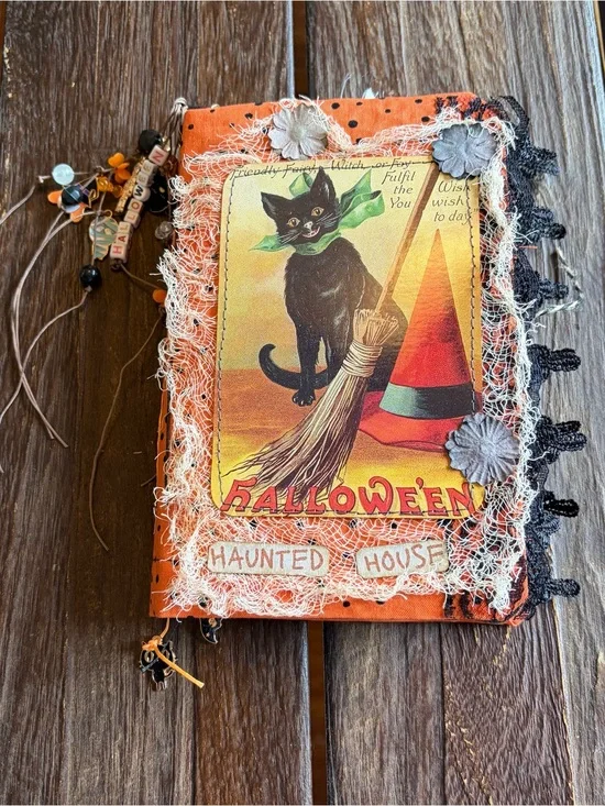 Halloween Junk Journal Small Handmade Decorated Black Cat Broom Witch Hat 3 Sig