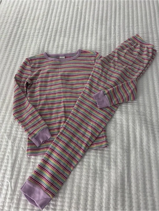 Gymboree Rainbow Striped Thermal Pajama Set with Lavender Trim. Size 12