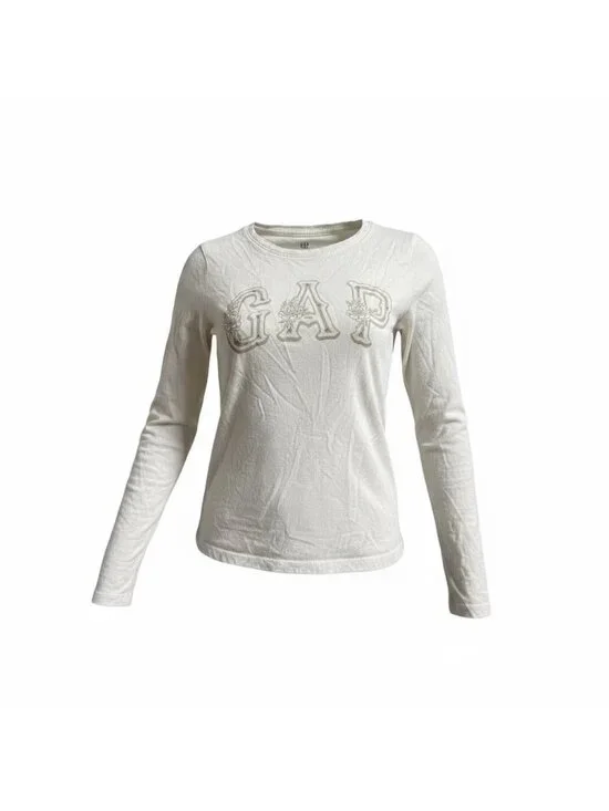GAP Girls Top – Size 8, White Long Sleeve with Embellished Logo