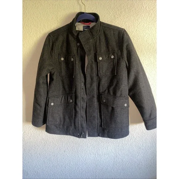 Gap Kids Wool Blend Parka Grunt Herringbone Jacket Full Zip Charcoal L Preppy