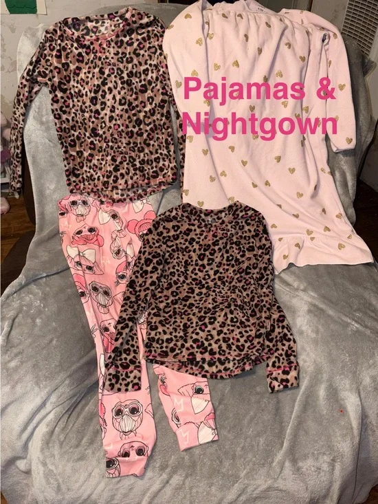 Girls Pink Leopard Print Multiple Pajama Set with Cartoon Leggings