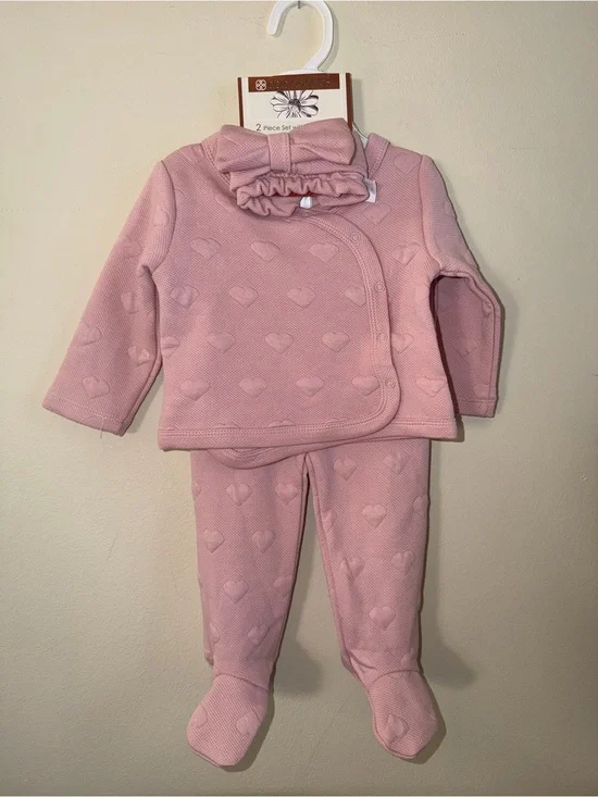 Baby Pink Heart Quilted 2-Piece Pajama Set with Bow