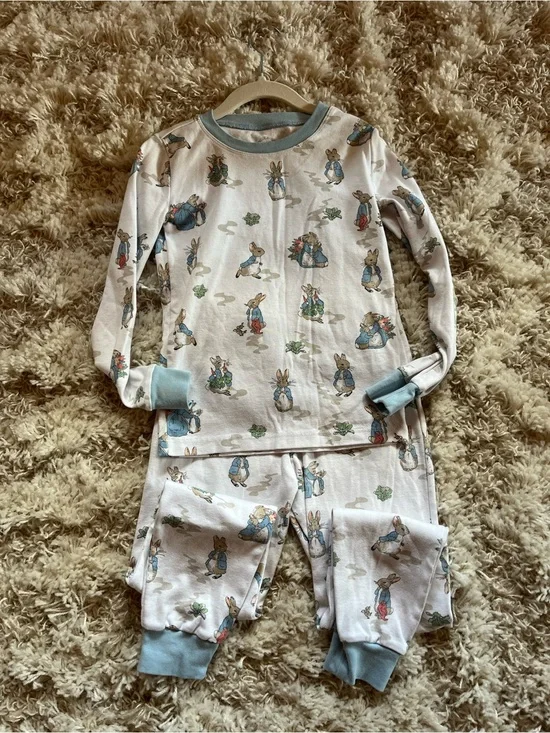 Pottery Barn Kids White Bunny Print Pajama Set with Light Blue Trim