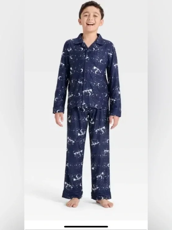 Cat & Jack Boys Navy Blue Santa Sleigh Christmas Long Sleeve Flannel Pajama Set