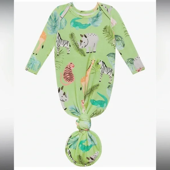 Posh Peanut Baby Knotted Sleep Gown with Safari Jungle Animal Print - Green