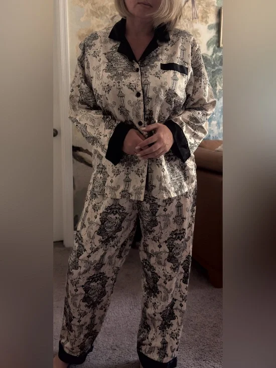 Robert Louis Silk Pajama Set Women L Black Ivory Asian Chinoiserie Print 2 Piece