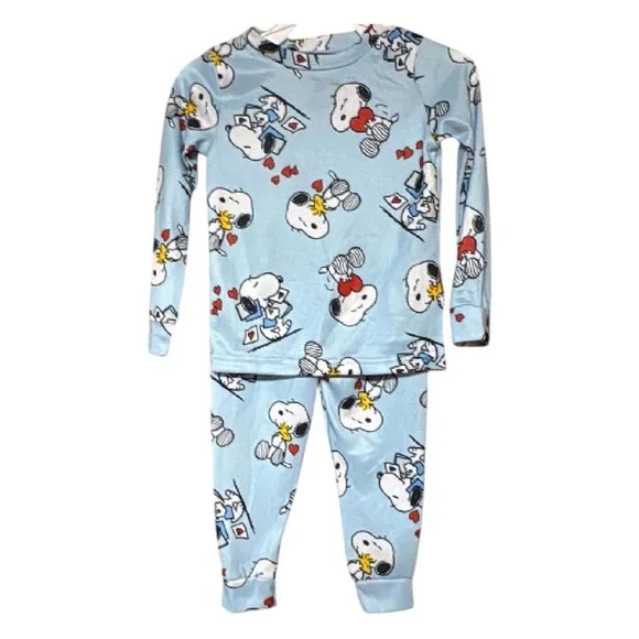 Peanuts Snoopy Woodstock Kids Pajama Set Blue Hearts Valentine Long Sleeve 2PC