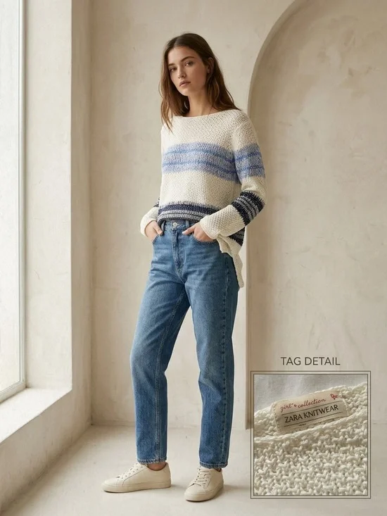 Zara | Knitwear Open-Knit Striped Boatneck Sweater Cream Blue Navy Size 11-12