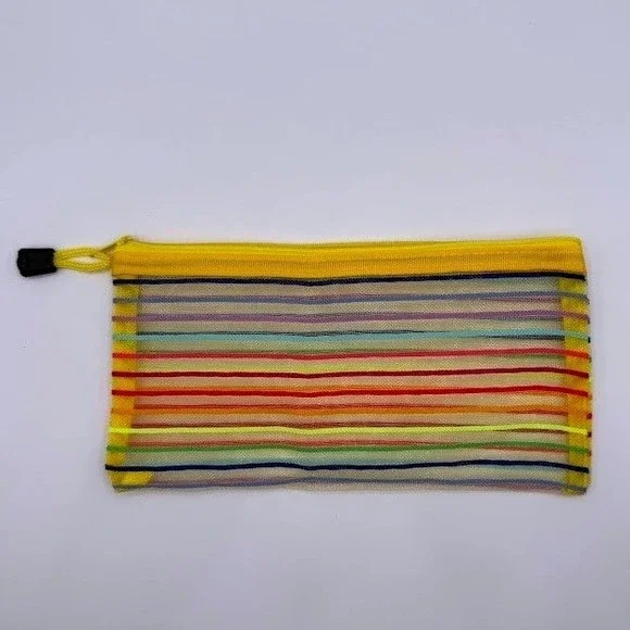 Rainbow Striped Mesh Zipper Pouch Pencil Case Cosmetic Bag Yellow Back To School
