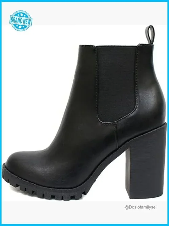 Black Ankle Boot with Lug Sole, Elastic Gore, Block Heel 3.5 inch