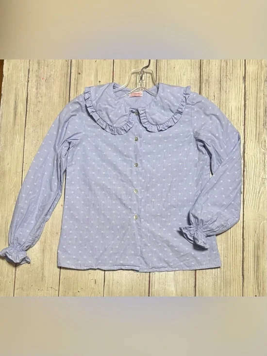 La Coqueta Spain Girls 8y blue dotted Peter Pan collar blouse button down $85