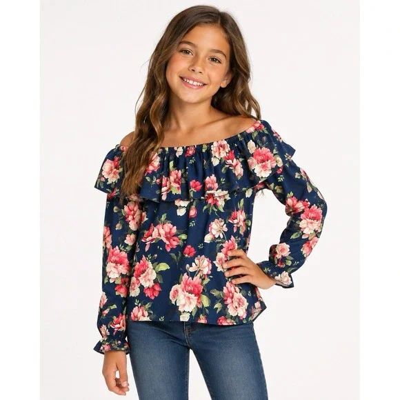Marie Nicole Girls Small Floral Peasant Top Boutique Ruffle Long Sleeve Navy