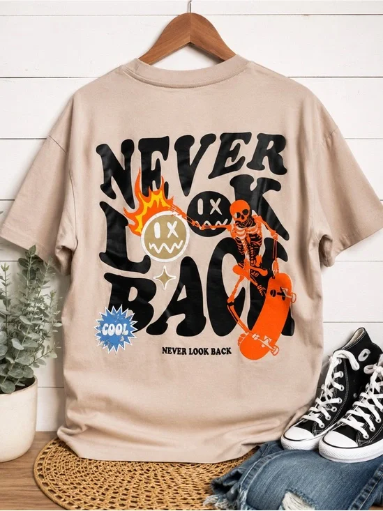 🔥UOUA “Never Look Back” Graphic Tee | Youth Small | Beige Streetwear T-Shirt