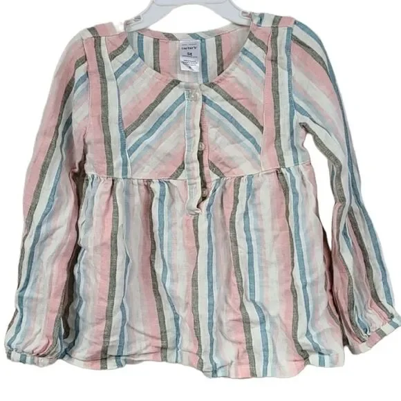 Carter's Girls 5T Linen Stripe Casual Top Long Sleeve Blouse Pink/Green/Blue