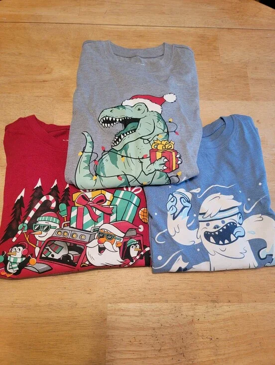 Kids Jumping Beab Long Sleeve Holiday Graphic Tees -Dinosaur, Yeti, Santa, Sz 8