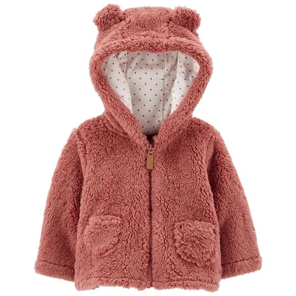 Carter's Sherpa Jacket Baby Girl 12M Dark Pink New Hooded Ear Detail Solid