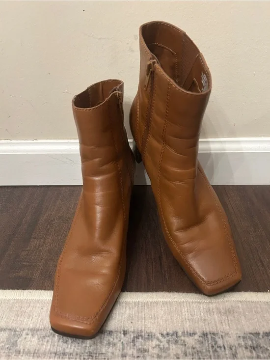 Nine West Tan Leather Square-Toe Ankle Boots Sz 7.5 Fall Y2K Inspo Block Heel