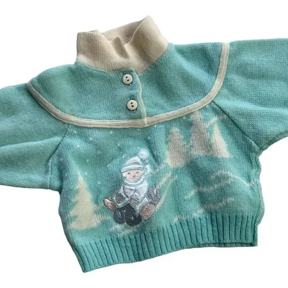 Rad Vintage 1980s Retro Swiss Teddy Bear Sled Apres Ski Twofer Collared Sweater