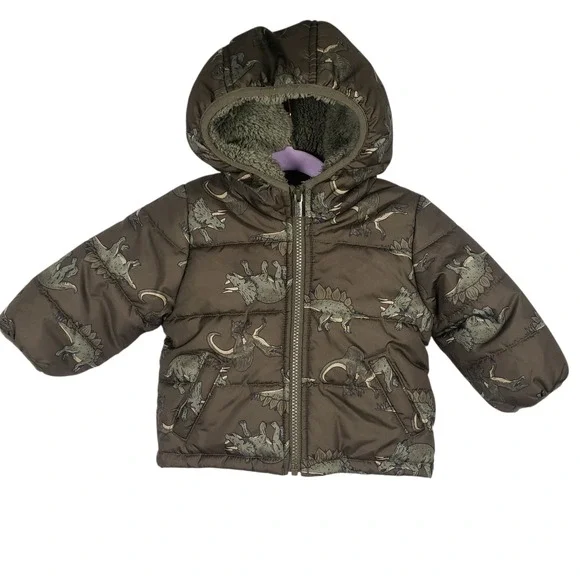 Carter's Dinosaur Puffer Jacket Kids‎ 12M Olive Green Winter Warm Coat