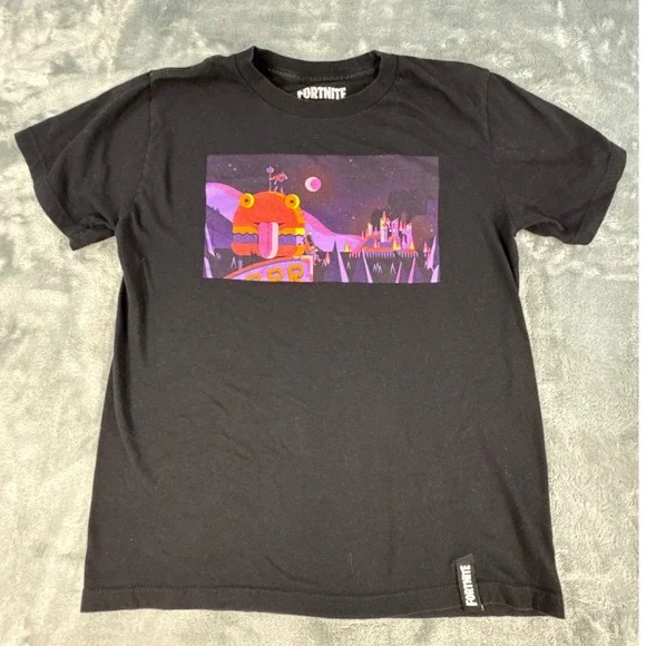 Fortnite Kids Black Graphic Tee Durrr Burger Sunset Print T-Shirt Size L 10/12‎