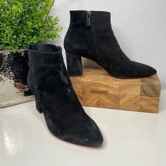 Santoni Black Suede Leather Pointed Toe Zip Block Heel‎ Ankle Boots 38.5EU/8.5US